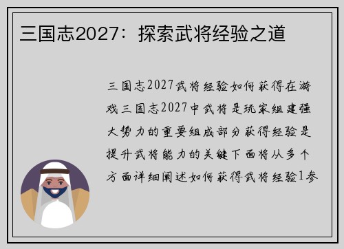 三国志2027：探索武将经验之道